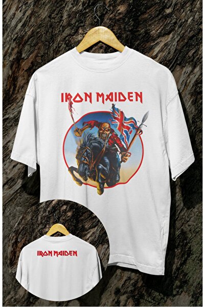 Fuddy Moda Tricou oversize cu steagul Angliei Iron Maiden Ense, tricou unisex Rock Band Crew Neck