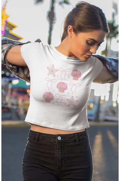 Fuddy Moda Starfish Printed Crop Top, Women's Ribbon Themed Crop Blouse