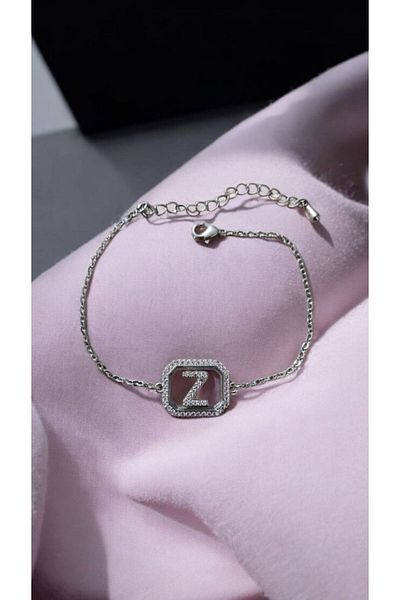AKSESUARIM Women's Zircon Stone Square Steel Letter Bracelet