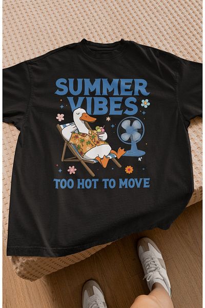 Fuddy Moda Tricou oversize Summer Vibes scris, tricou unisex cu decolteu cu imprimeu de rață pe plajă