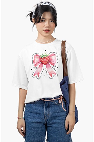 Fuddy Moda Μπλουζάκι με στάμπα με κορδέλα φράουλα, μπλουζάκι με λαιμόκοψη με ...