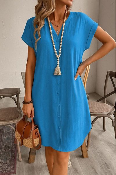 Gökyüzü Moda Women's Short Sleeve Front Buttoned Imported Linen Dress