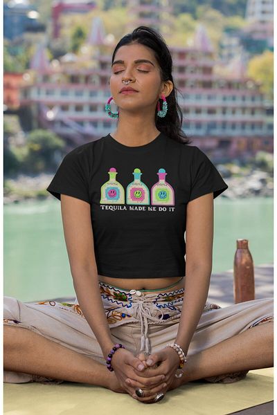 Fuddy Moda Tequila Made Me Do It Printed Crop Top, Women's Tequila Themed Crop Blouse