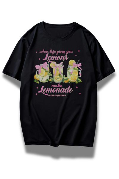 Fuddy Moda Unisex Lemonade Written T-shirt, Oversize μπλουζάκι με στάμπα με κορδέλα