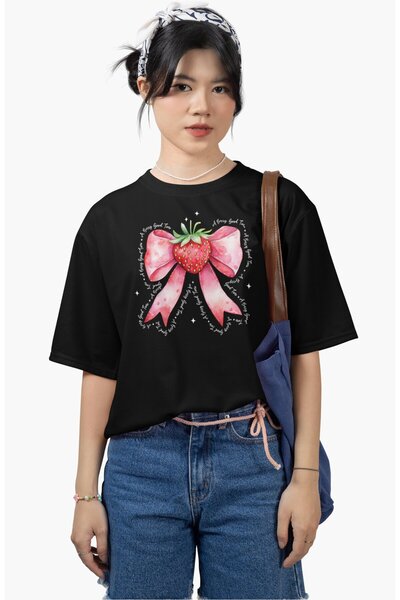 Fuddy Moda Μπλουζάκι με στάμπα με κορδέλα φράουλα, μπλουζάκι με λαιμόκοψη με ...