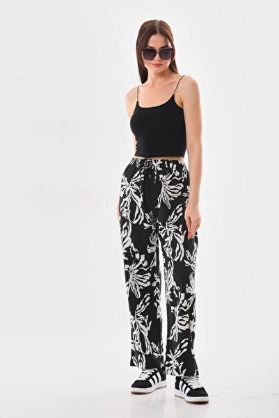 Polologin Butik Pantaloni confortabili din viscoză croială cu model de frunze