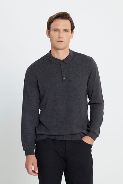 AC&Co / Altınyıldız Classics Men's Anthracite-Melange Anti-Pilling Fabric Standard Fit Polo Neck Knitwear