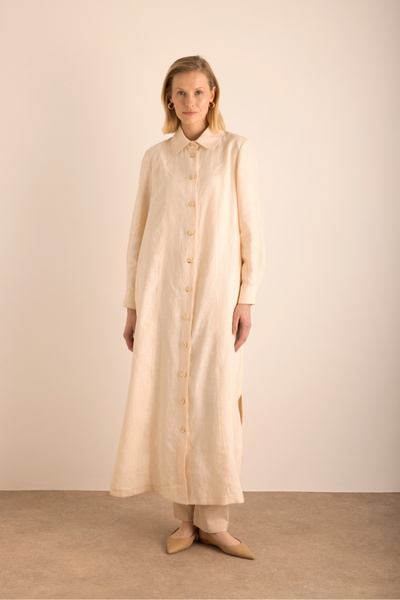 Aker Yanları Yırtmaçlı Keten Pardösü