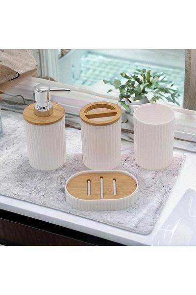 Living 4-Piece Ribbed Plastic Bathroom Accessories Set – Elegant Modern Look
