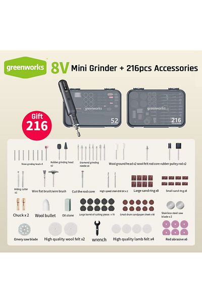 Choice AGK302-ACC216 Greenworks Mini Grinder 52pcs +216 Accessories Electric Grinding Engraving Cordless Va