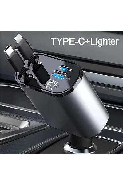 Choice X11-AC Black 4 in 1 120W Car Charger Retractable Car Cigarette Lighter Adapter USB Type C Fast Char