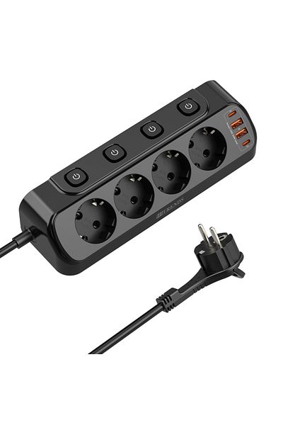 Choice 100-250V 4 black 4 Corner Kitchen Power Sockets with 2 USB C Ports, 2 USB Ports for Desks, Kitchen,