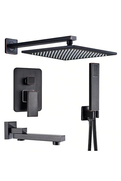 CasaVie Black Shower Set with Square 30 cm Shower Head, Minimalist Design, Rain Shower, Built-in Faucet, 3 W