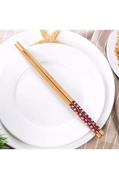 PUFO Set de 5 perechi de bețișoare sushi din bambus, 22 cm, maro/roșu