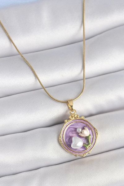Clariss 316L Steel Gold Color Chain Purple Enamel Pearl Flower Embroidered Portrait Model Women's Necklace