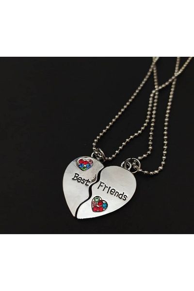 REDz Accessories Best Friends Jewelry, Heart Pendant, Rainbow Pebbles, 2 Necklaces, Silver