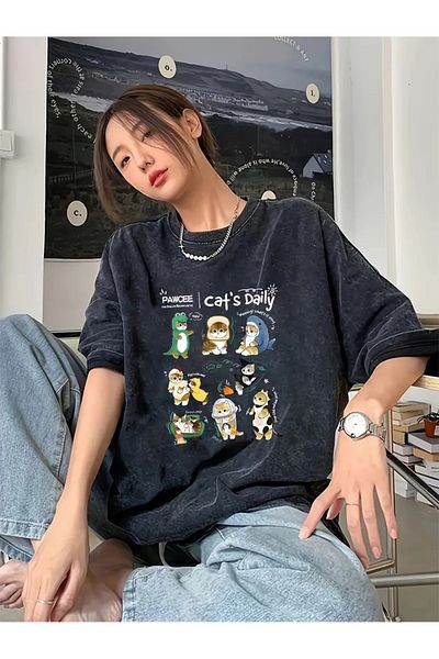 Touz Moda Cat's Daily Printed Washable Vintage Unisex Oversize T-Shirt