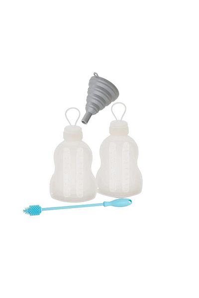 Kidüy Set de 2 recipiente pentru lapte matern cu pâlnie și perie de curățare Kidüy, silicon, 250 ml