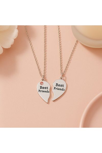 REDz Accessories Best Friends Necklace, Heart Pendant With Stones, Silver