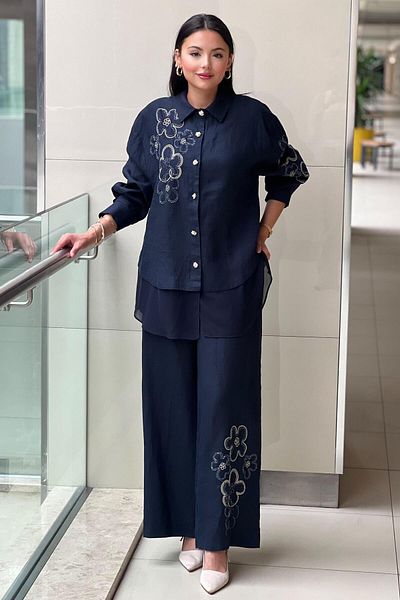 Ghisa Bncuk Floral Embroidered Chiffon Detailed Shirt Pants Set