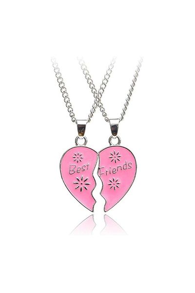 REDz Accessories Best Friends Heart Necklaces, Floral Design, Gift for Two Friends, Rose Silver