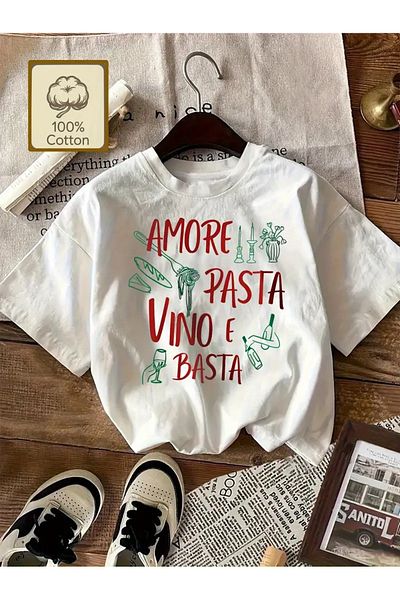 Touz Moda Amore Pasta Vino E Basta Design Unisex Oversize T-Shirt