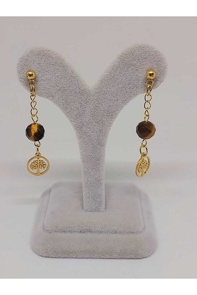 Yasamtohumu Natural Stone Gold Steel Earrings - Tiger's Eye Stone Capella Series with Life Tree (55682)