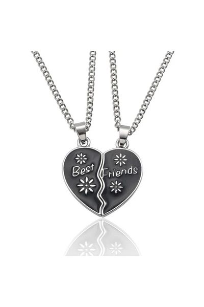 REDz Accessories Best Friends Heart Necklaces, Floral Design, Gift For Two Friends, Black Silver
