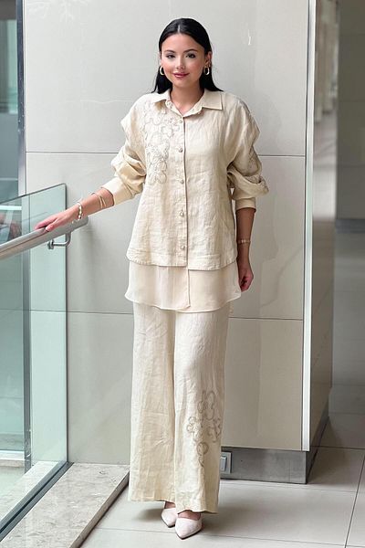 Ghisa Bncuk Floral Embroidered Chiffon Detailed Shirt Pants Set