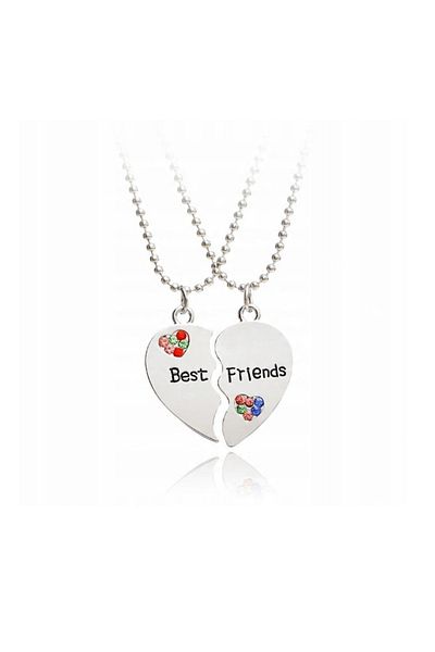 REDz Accessories Best Friends Jewelry, Heart Pendant, Rainbow Pebbles, 2 Necklaces, Silver