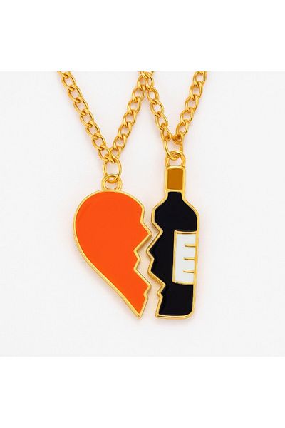 REDz Accessories Couple Necklace, Heart and Bottle, Set of 2 Pieces, Funny Design, Gold
