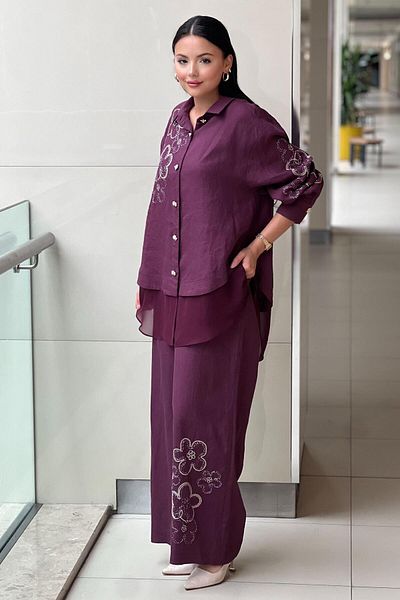 Ghisa Bncuk Floral Embroidered Chiffon Detailed Shirt Pants Set