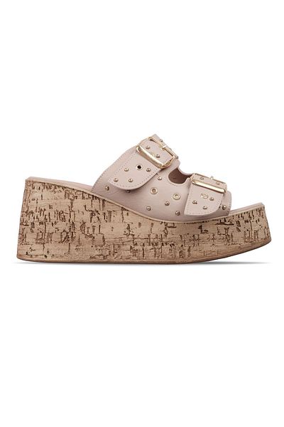 Lal Shoes & Bags Koen Women's Double Belted Buckle Detailed Cork Sole Wedge Heeled Slippers-Nude