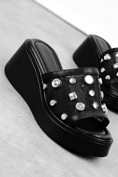 Lal Shoes & Bags Awos Women's Tulle Detailed Silver Buckle Wedge Heeled Slippers-Black