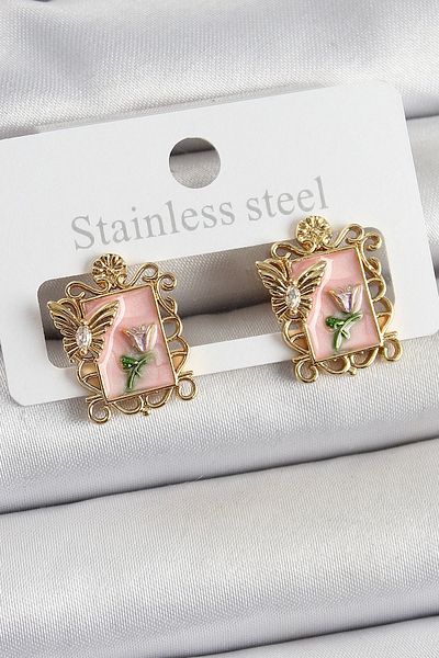 Clariss Brass Pink Enamel Artistic Portrait Model Gold Color Women's Earrings
