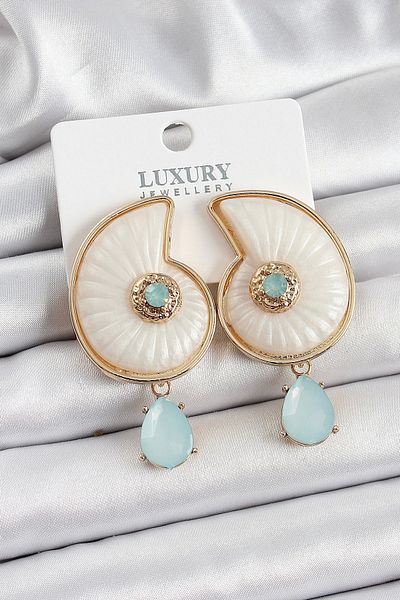 Clariss Gold Color Women's Earrings with Brass Seashell Figure and Zircon Stone