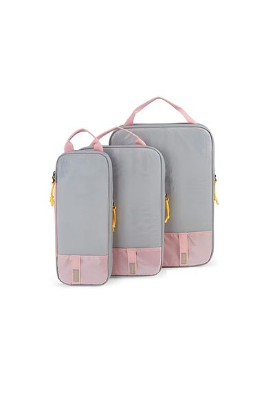 Camy Set of 3 Travel Bags, Compressible, 3 Sizes, Waterproof, Double Zipper, Pink