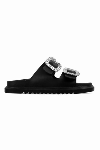 Lal Shoes & Bags Zone Women's Belt Buckle Shiny Stone Detailed Slippers-Black