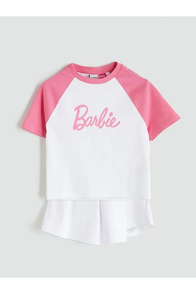 LC Waikiki Lcw kids white crewneck barbie Printed girls' t-shirt and shorts skirt