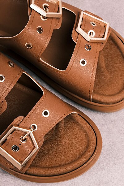 Lal Shoes & Bags Lighter Women's Belt Buckle Detailed Slippers-Tan