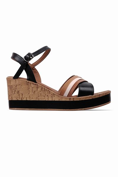 Lal Shoes & Bags Mere Women's Front Open Toe Belt Buckle Detailed Wedge Heeled Slippers-Black