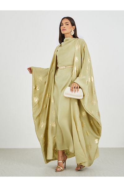 Styli Satin Cape Sleeve Printed Abaya Cowl Neck Maxi Dress with Belt Set