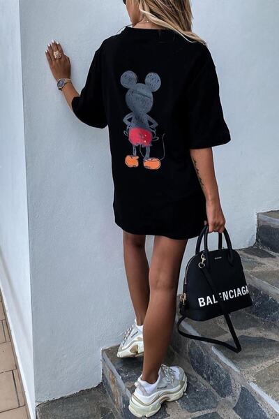 Unique Unisex Kadın Erkek Mickey Mous Özel Baskılı Oversize Pamuk Penye T-shi...