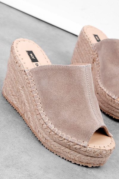 Lal Shoes & Bags Noise Women's Genuine Leather Open Front Nubuck Detailed Wedge Heeled Slippers-Mink