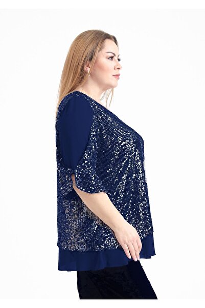 LİLAS XXL 720 Büyük Beden Vyaka Pulpayet Tül Detaylı Astarlı Bluz