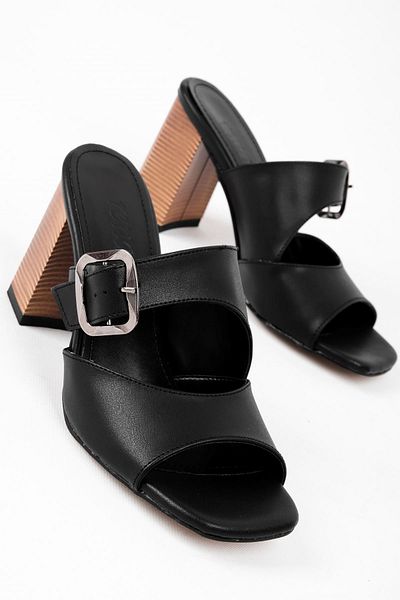 Lal Shoes & Bags Oreta Women's Double Strap Buckle Detailed Heeled Slippers-Black