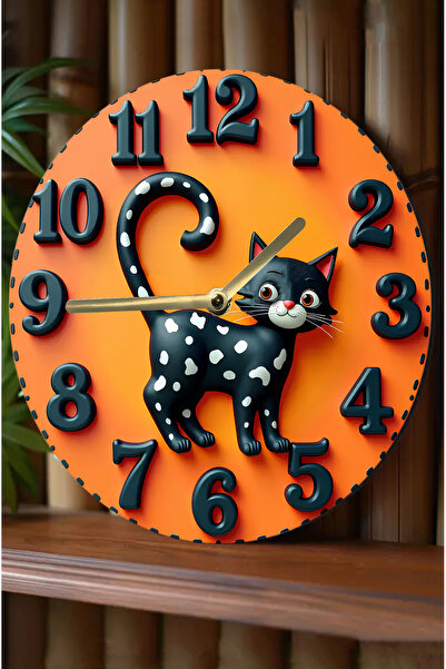 kutuTR 🖤 Siyah Noktalı Kedi Figürlü Çift Katmanlı MDF Duvar Saati – 3D Görünümlü Tasarım | 33 cm SDW340