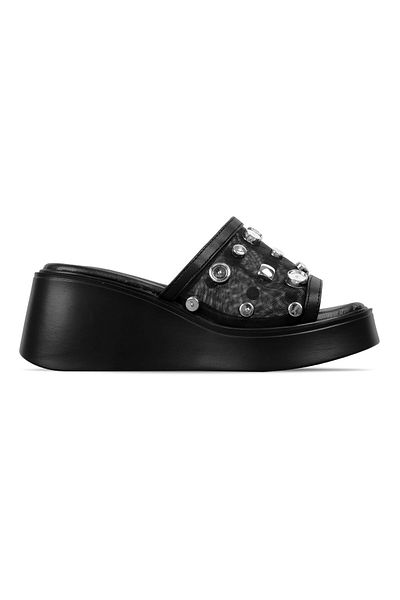 Lal Shoes & Bags Awos Women's Tulle Detailed Silver Buckle Wedge Heeled Slippers-Black