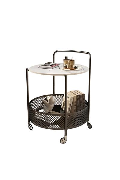 rexa Modern Round Bar Cart with Marble Top & Mesh Storage - Rolling Side Table