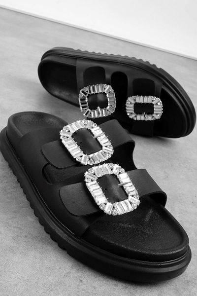 Lal Shoes & Bags Zone Women's Belt Buckle Shiny Stone Detailed Slippers-Black